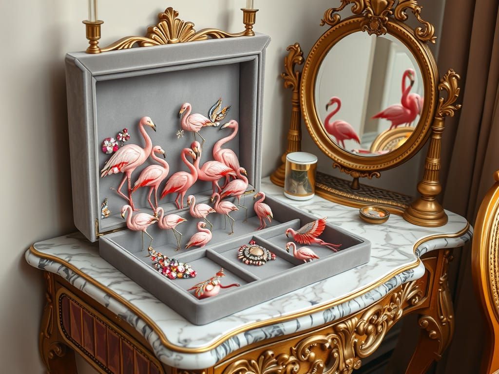 Elegant Flamingo Brooches Adorn Ornate Marble Vanity Table