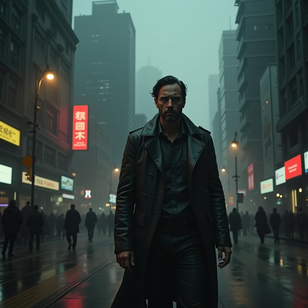 Cyberpunk Cityscape: Man in Trench Coat