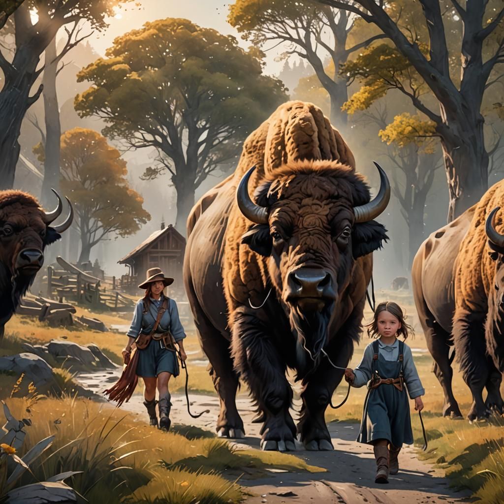 Farmgirl and Bison in Warm Sunlight, Watercolor Style