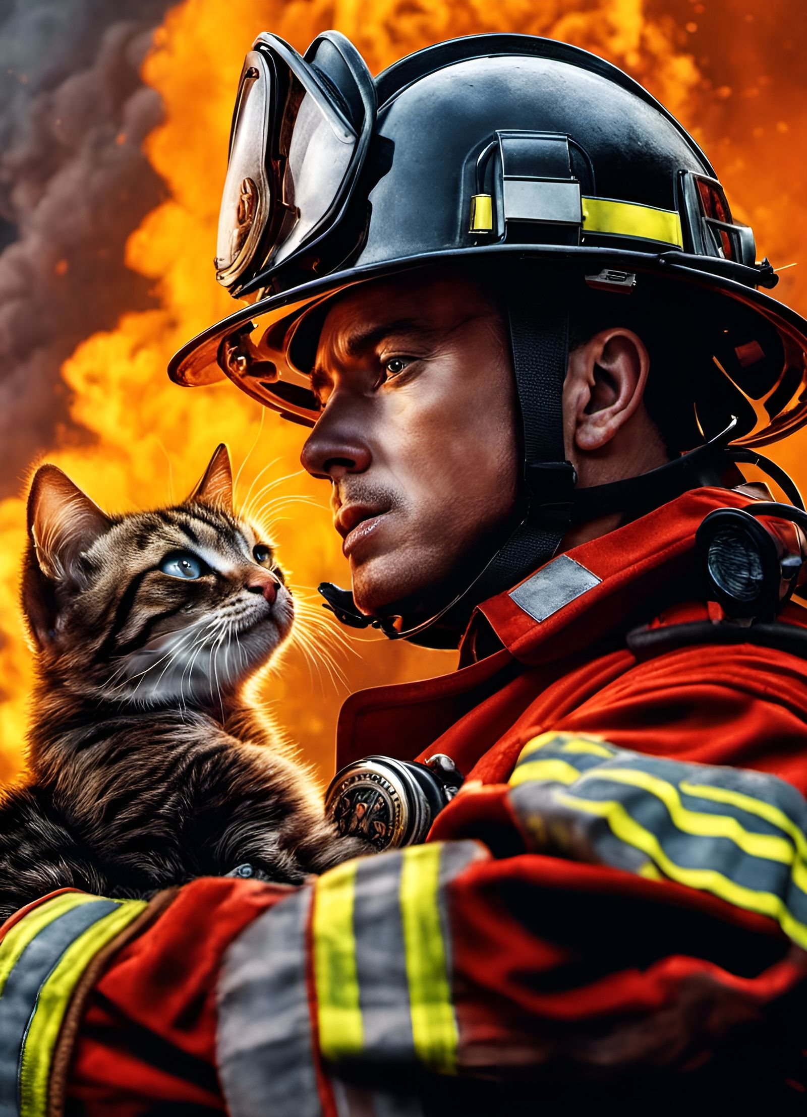 Brave Firefighter Saves Kitten: Hyperrealistic 8K Rescue