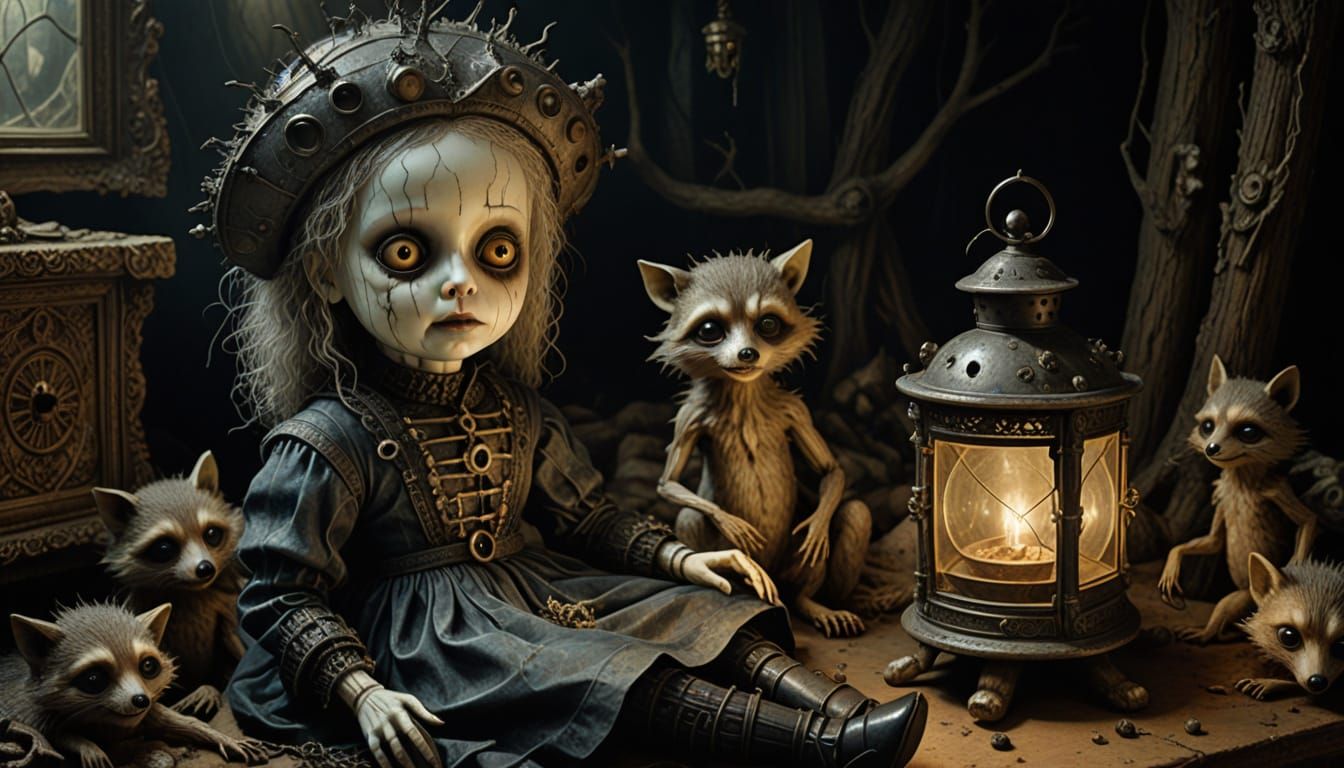 Eerie Porcelain Doll With Cryptid Racoon Friends in Psychede...