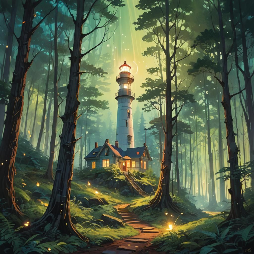 Mystical Lighthouse Illuminates Forest in Whimsical Fantasy ...