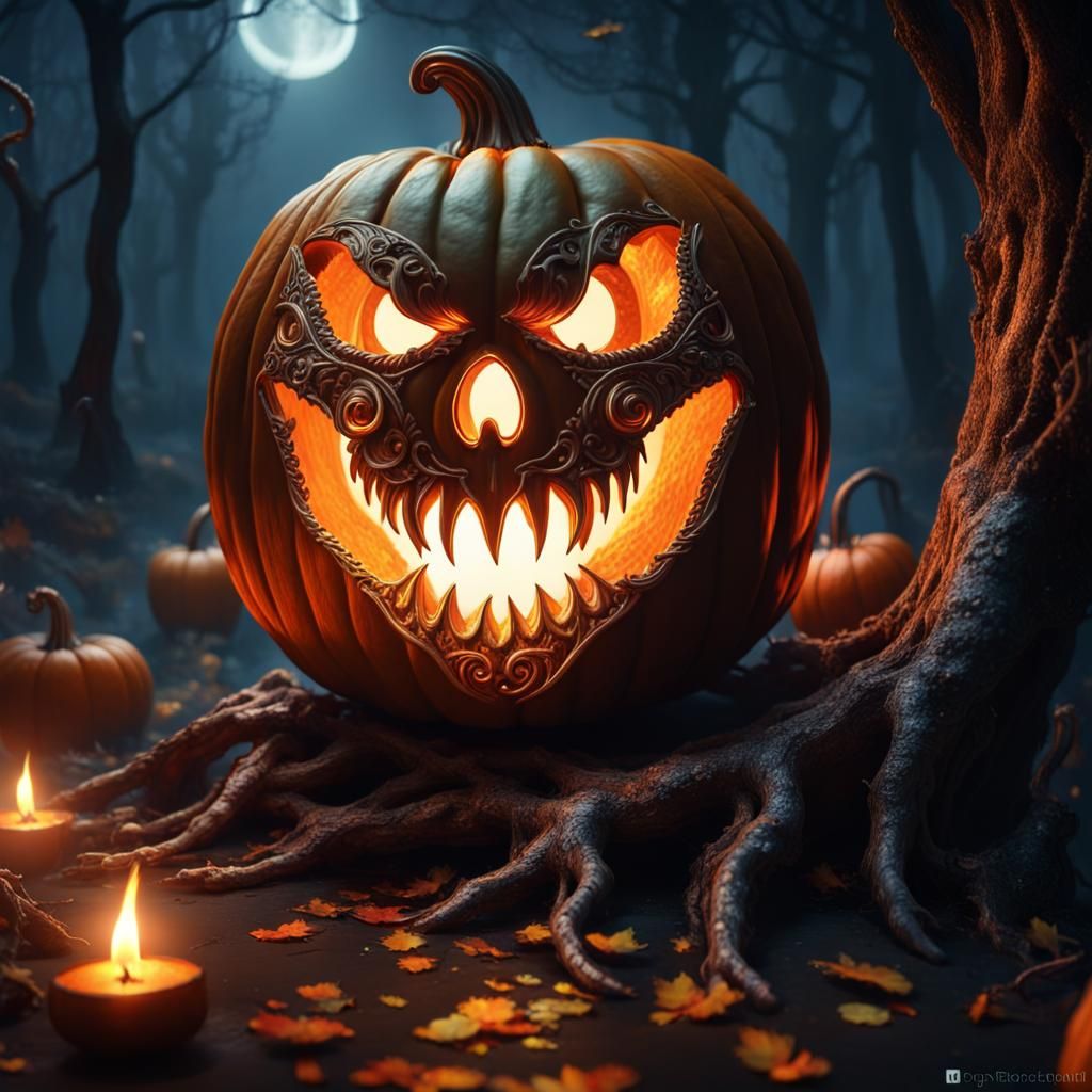 Intricately Carved Pumpkin Lantern in Dreamlike Setting