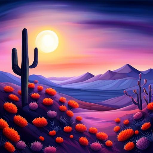 Midnight Desert Cactus with Flowers Painting
