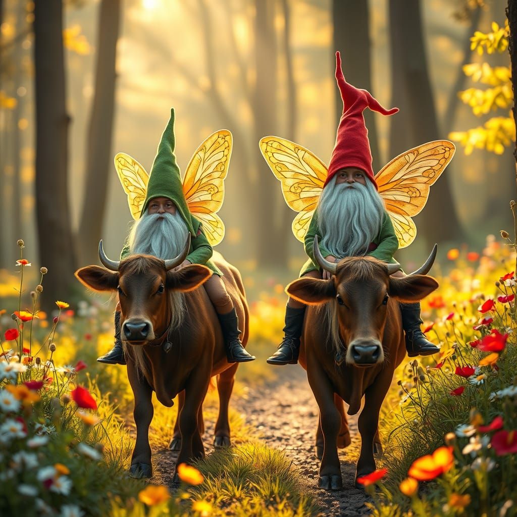"Two magical gnomes with pointy hats (one green and one red)...
