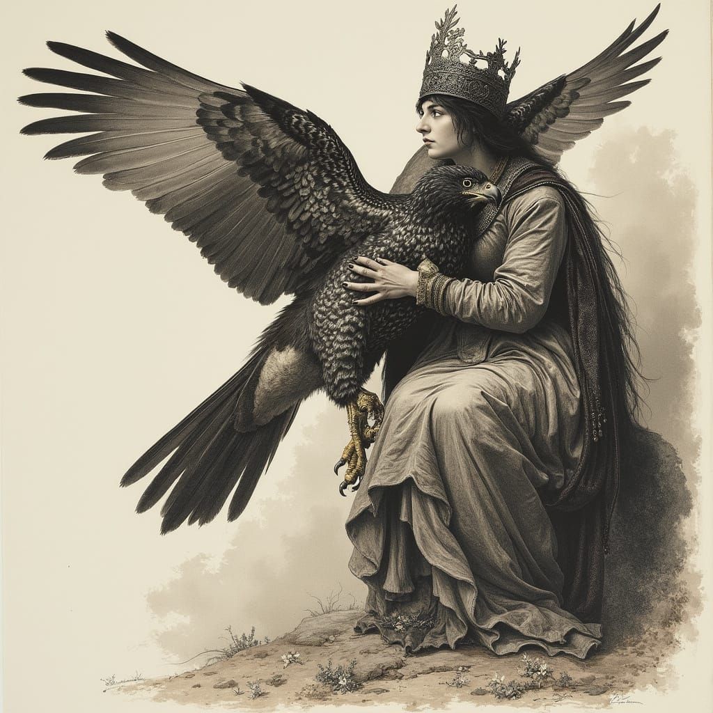 Falconry Queen in Arthur Rackham Style