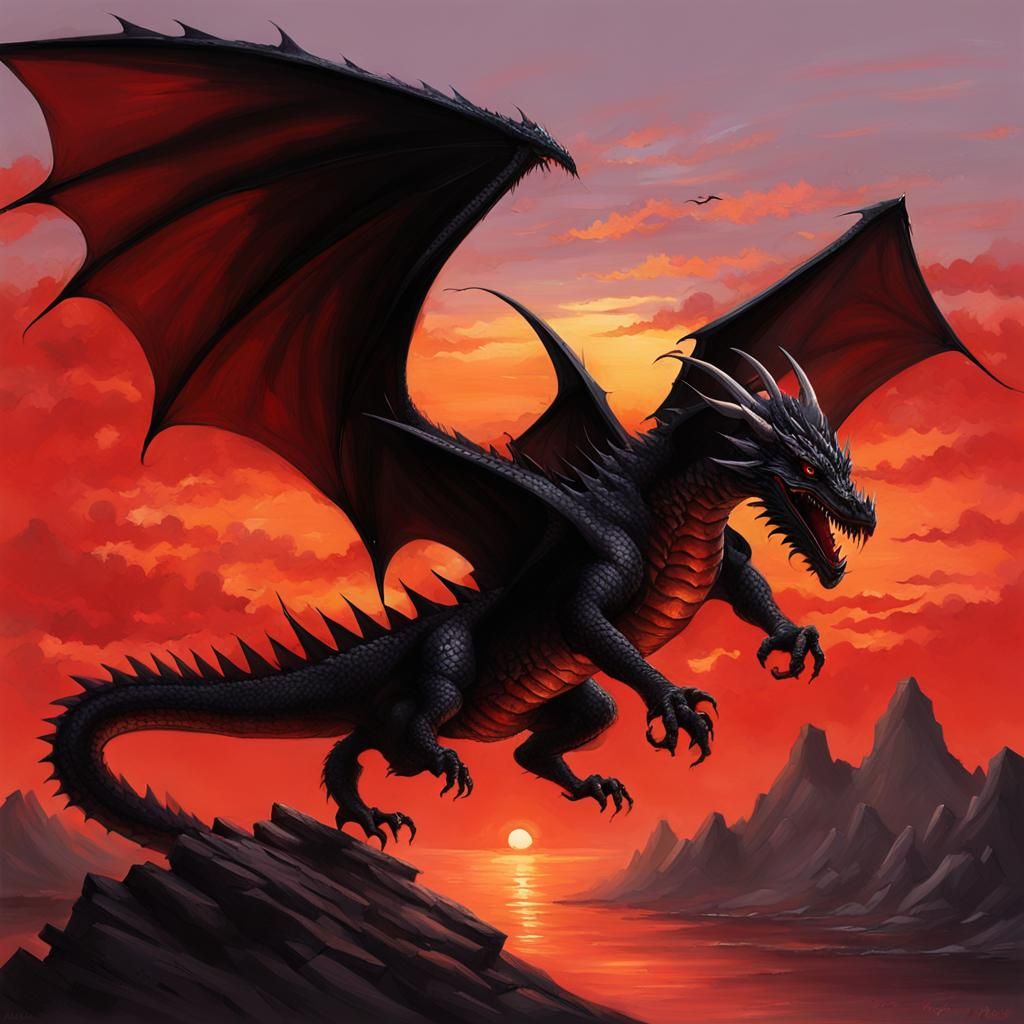 Black Dragon in Flight at Red Sunset