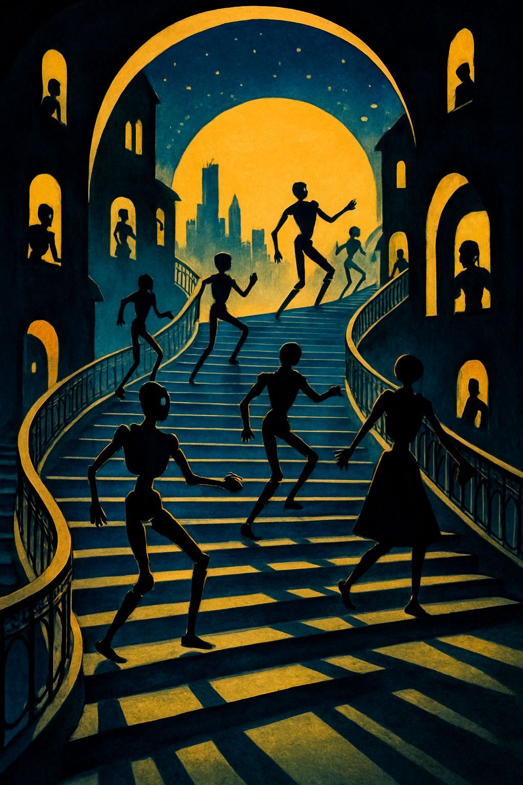 Surreal Stairway to Dystopian City at Sunset