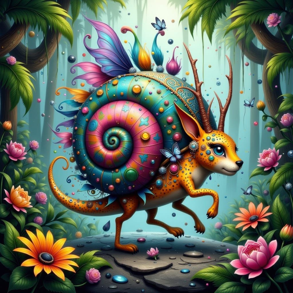 Whimsical Cheetah-Snail Strolls Through Tropical Dreamscape