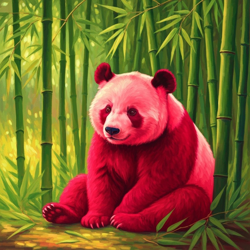 Crimson Panda in Bamboo Forest, Painterly Style