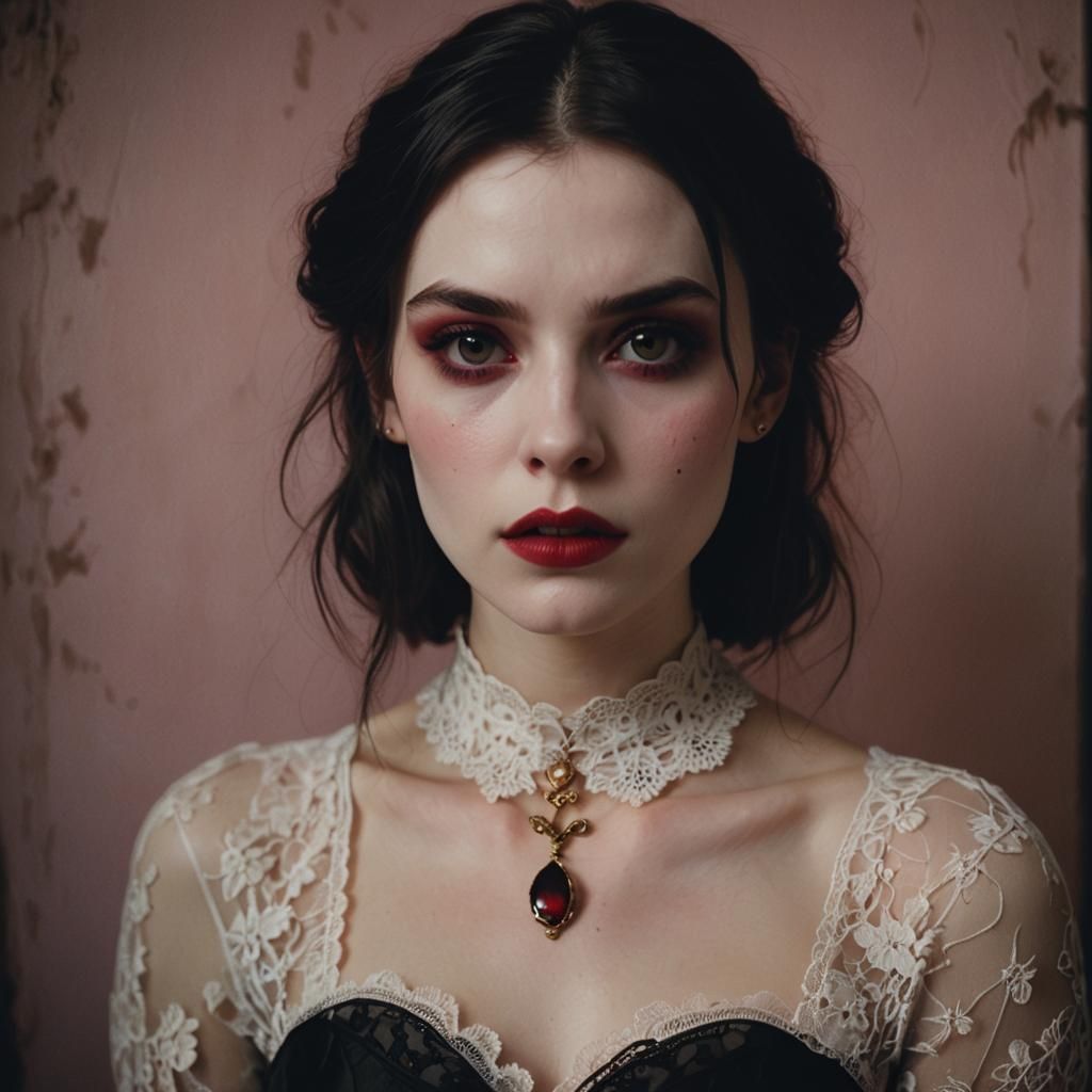 Vampire Girl with Pale Pink Lips in Cinematic Style