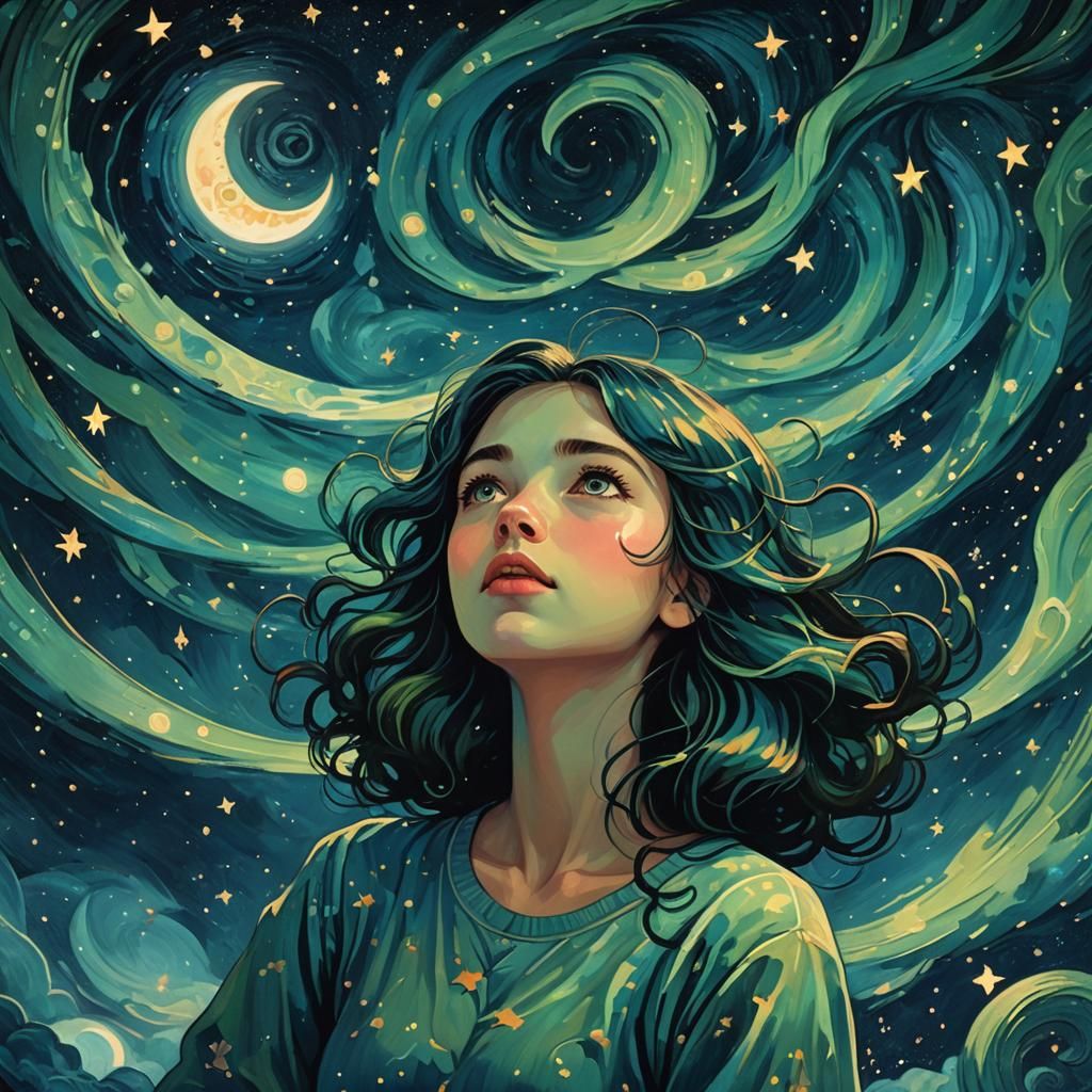Girl Gazing at Swirling Starry Night Sky