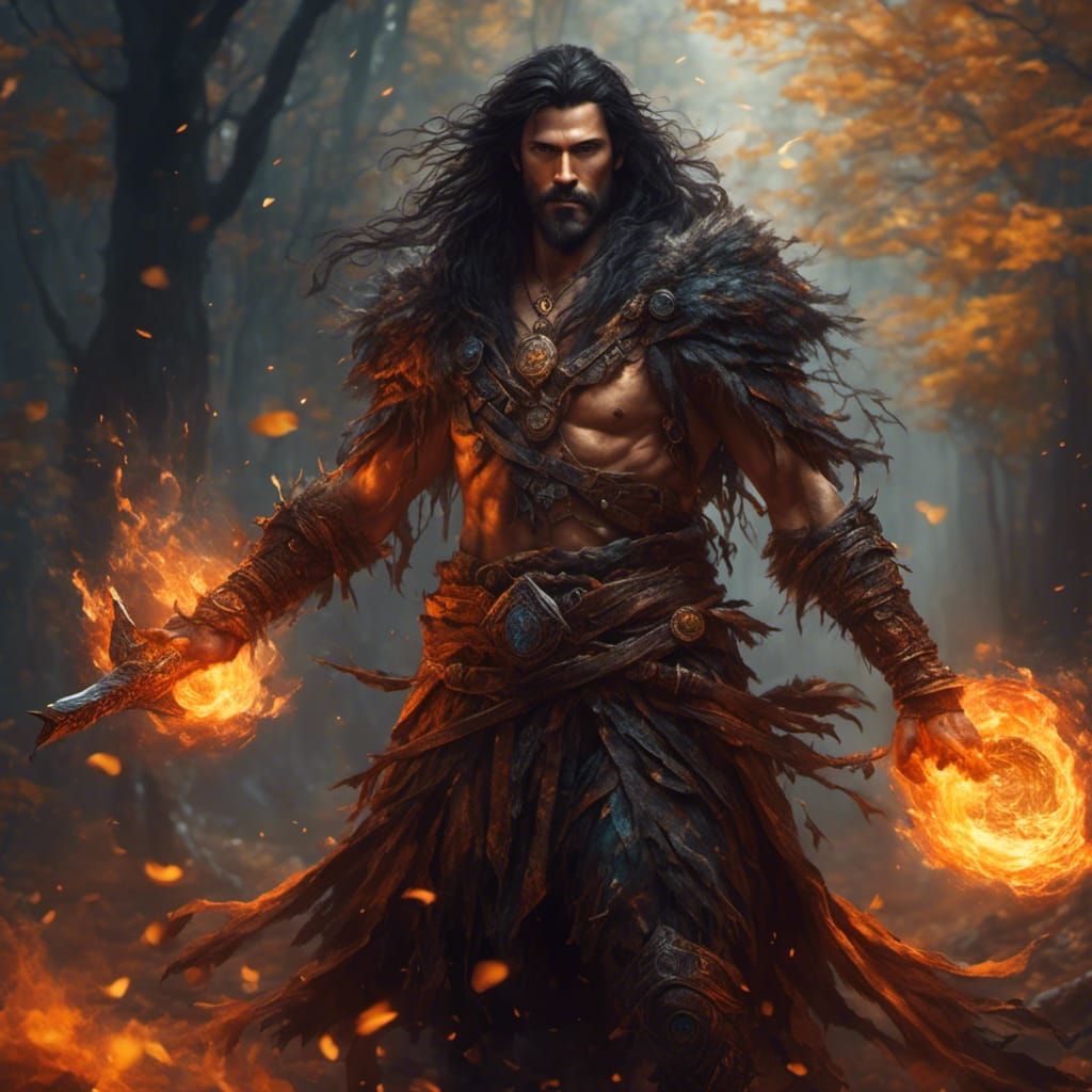 Dark Haired Druid with Fire and Sword