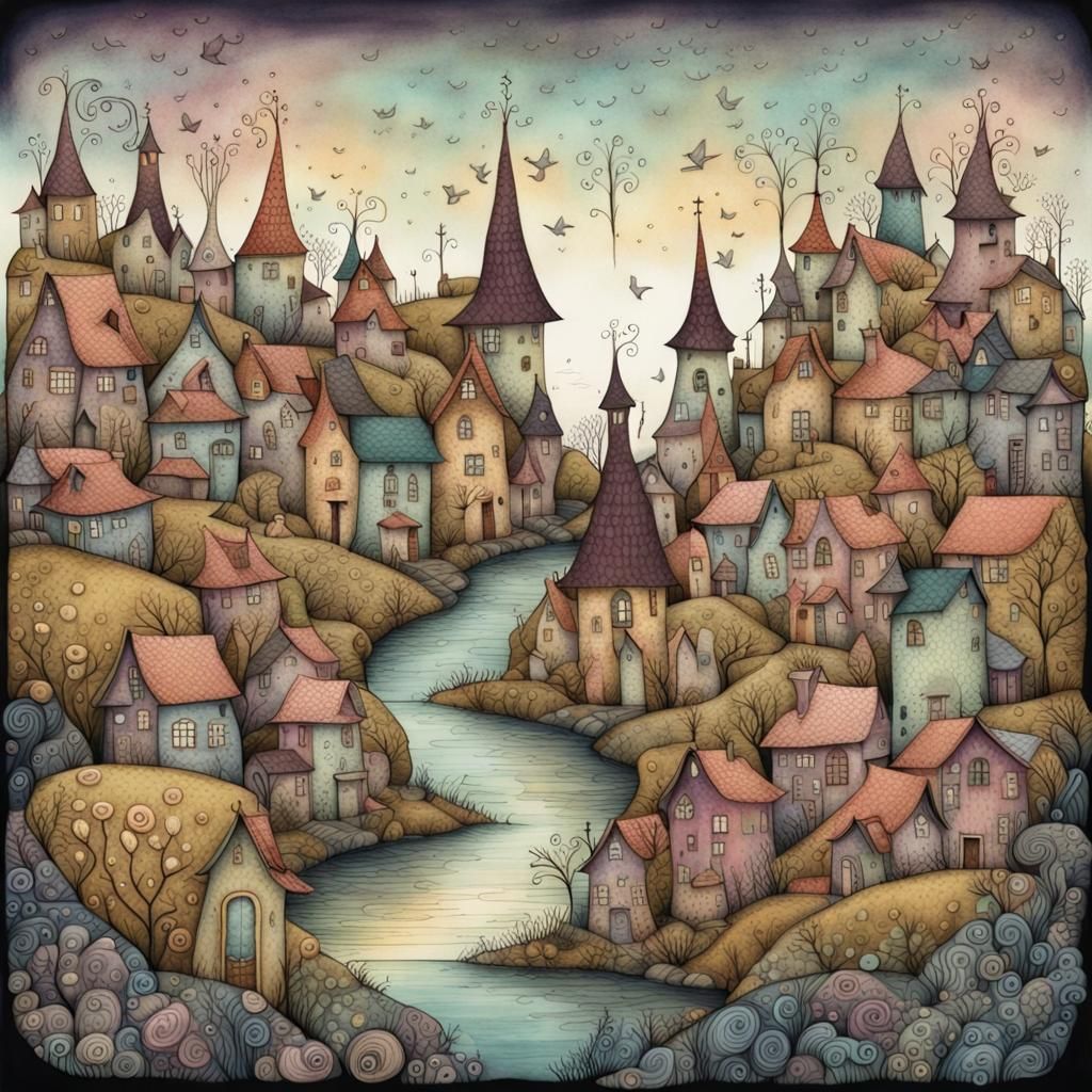 Whimsical Zentangle Village in Pastel Colors