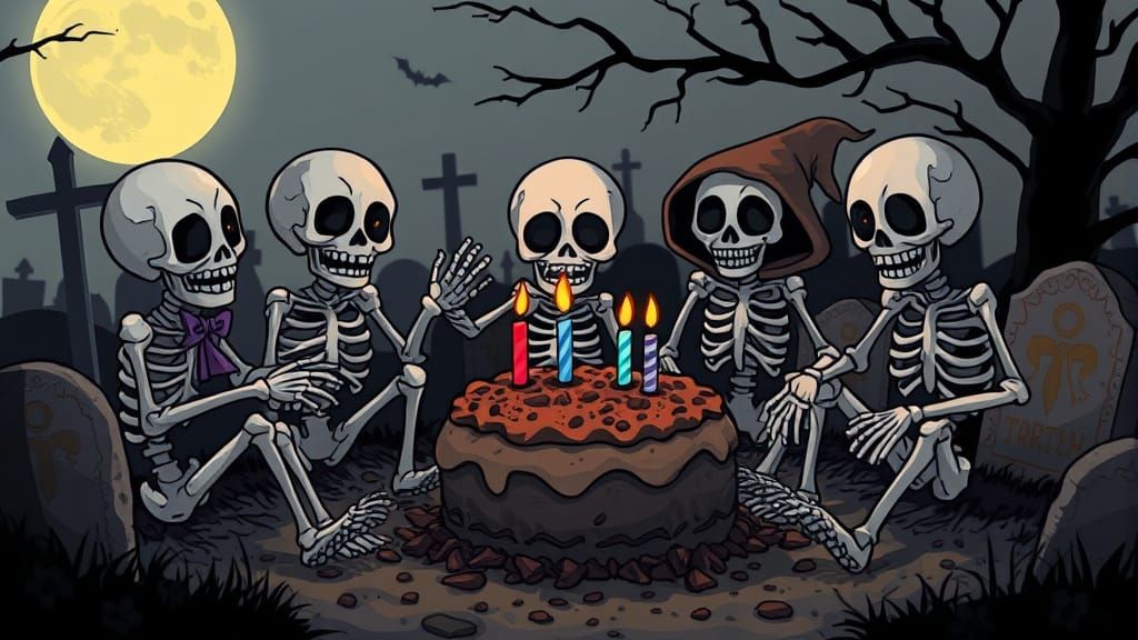 Spooky Skeletons Celebrate Birthday in Graveyard
