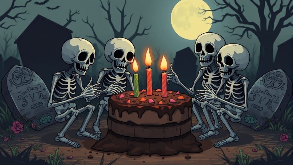Spooky Skeletons Celebrate Birthday in Eerie Graveyard
