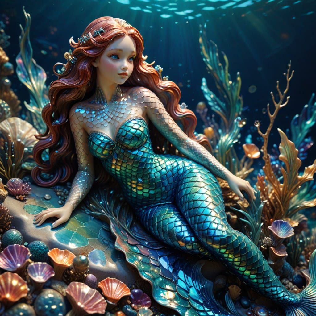 Vibrant Majolica Mermaid on Ocean Floor