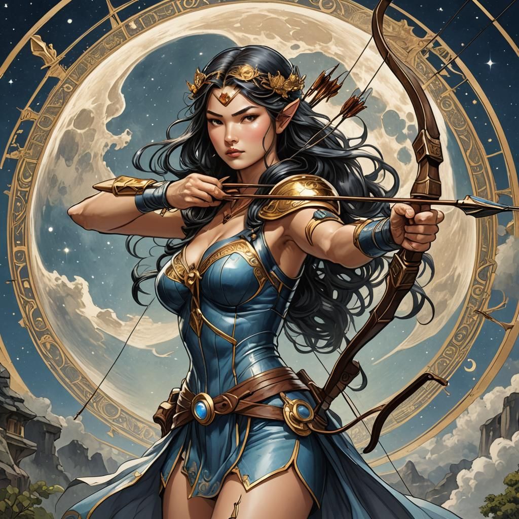 Moon Goddess Archer in Art Nouveau Comic Style