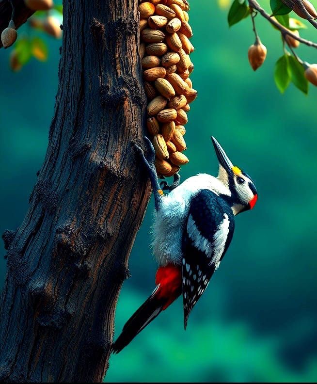 Woodpecker on Nut Feeder: Detailed Matte Painting