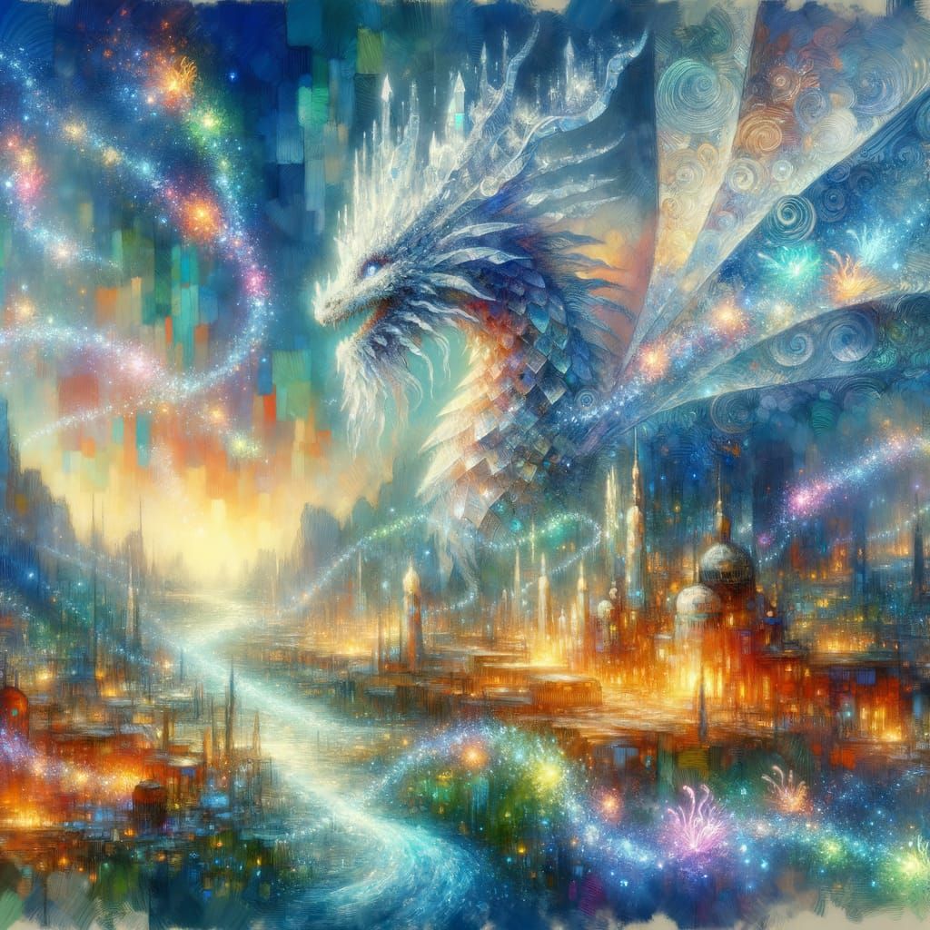 Crystal Dragon Refracts Light Over Bioluminescent City as Ne...