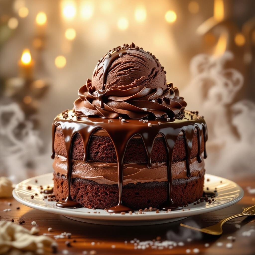 Giant Chocolate Cake in Dreamy Thomas Kinkade Style