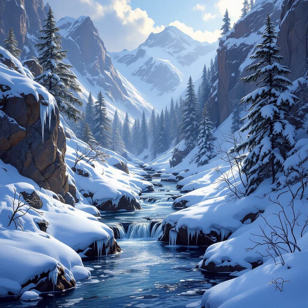 Winter Brook Flows Through Snowy Cliffs