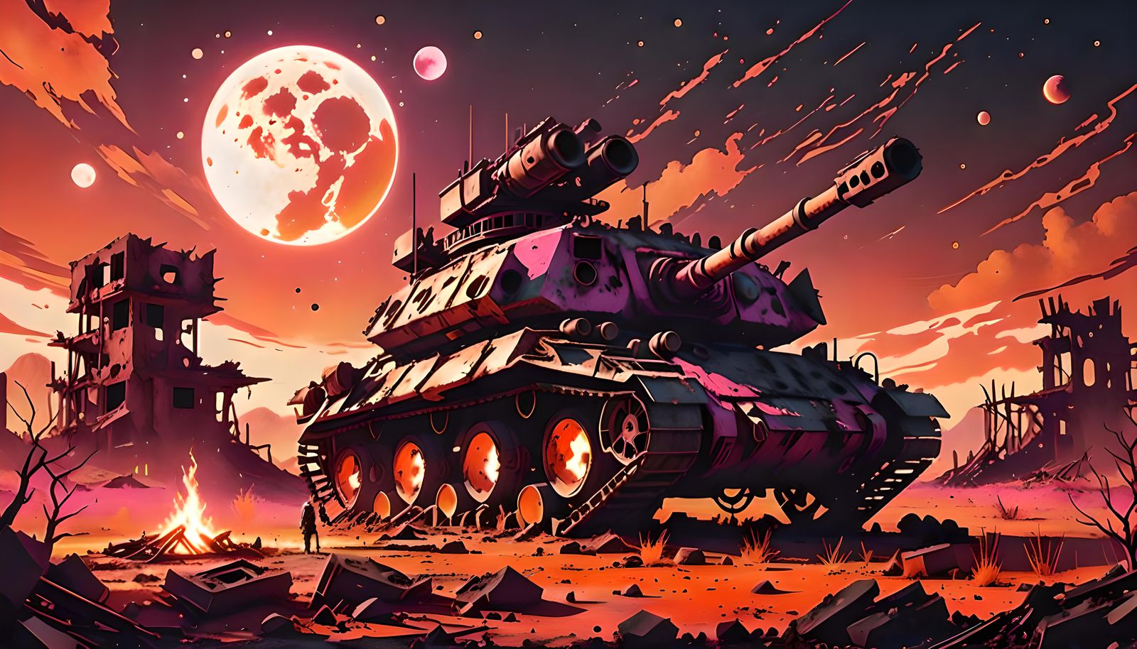 Pink Atomic Tank in Charred Ruins