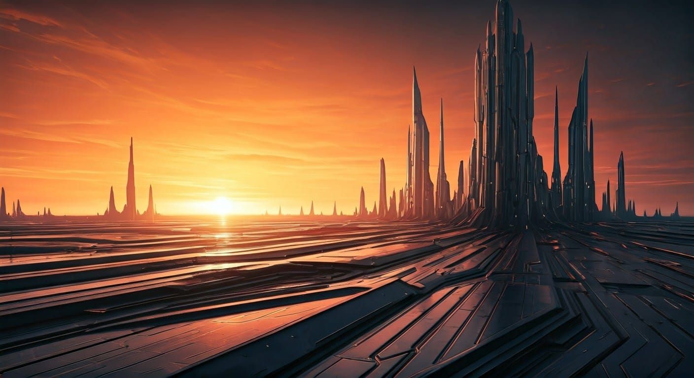 Ethereal Sunset Descends Upon Futuristic Metropolis in Cyber...