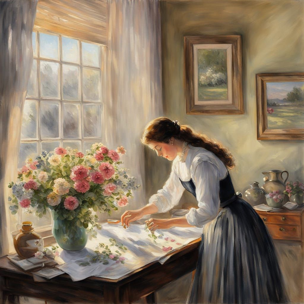 French Lady Arranges Flowers in Dawn Light