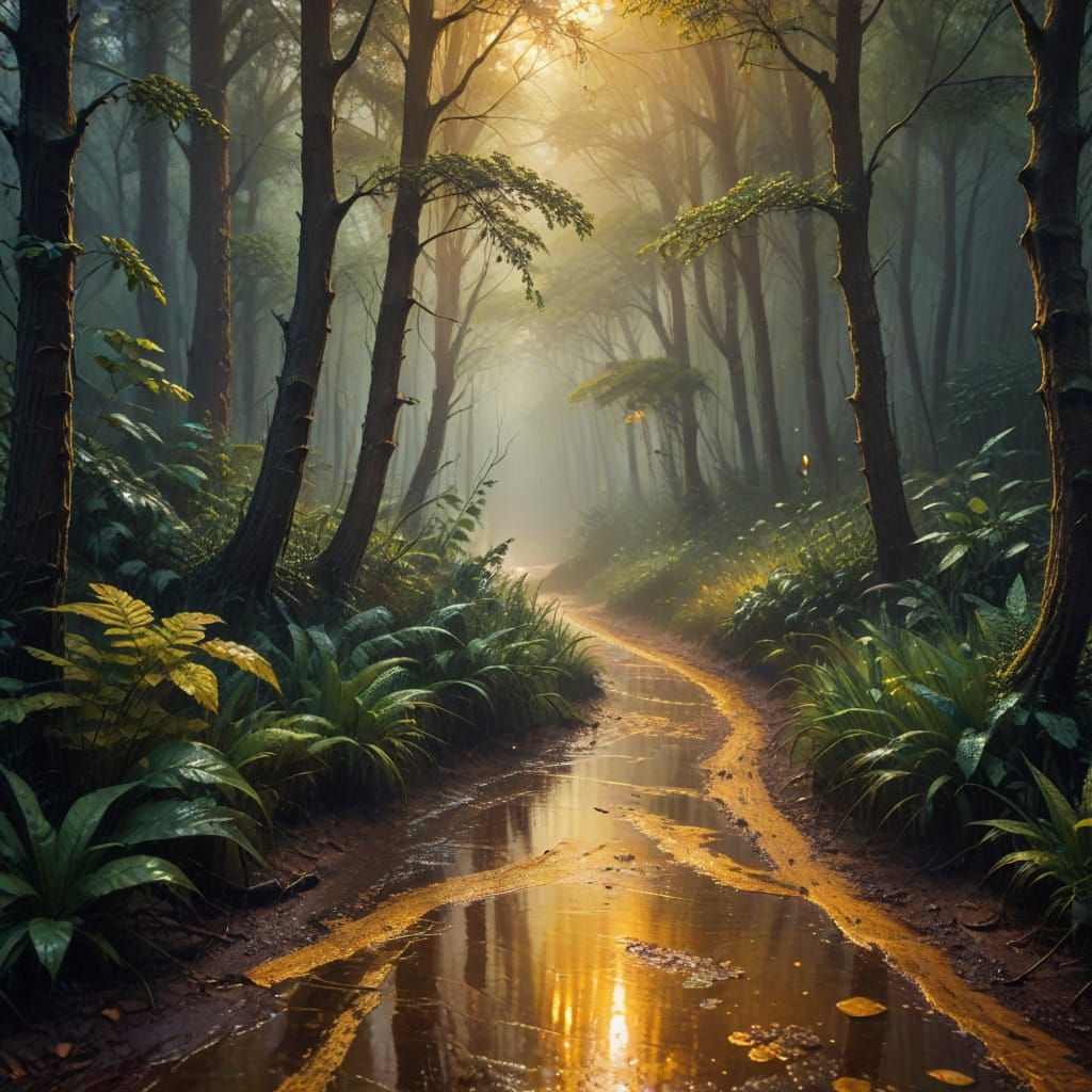 Surreal Forest Path After Rain Oil Painting