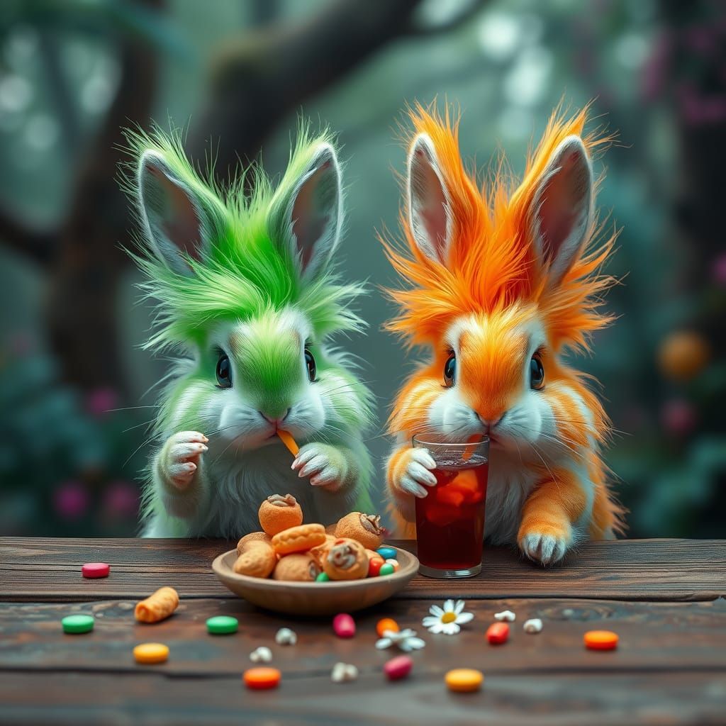 Neon Bunnies in Whimsical Forest Setting