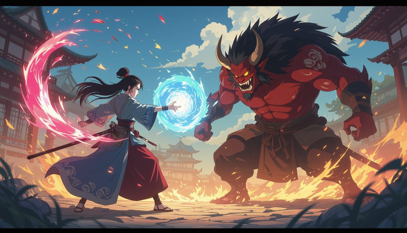 Shugenja Battles Oni in Cinematic Anime Style