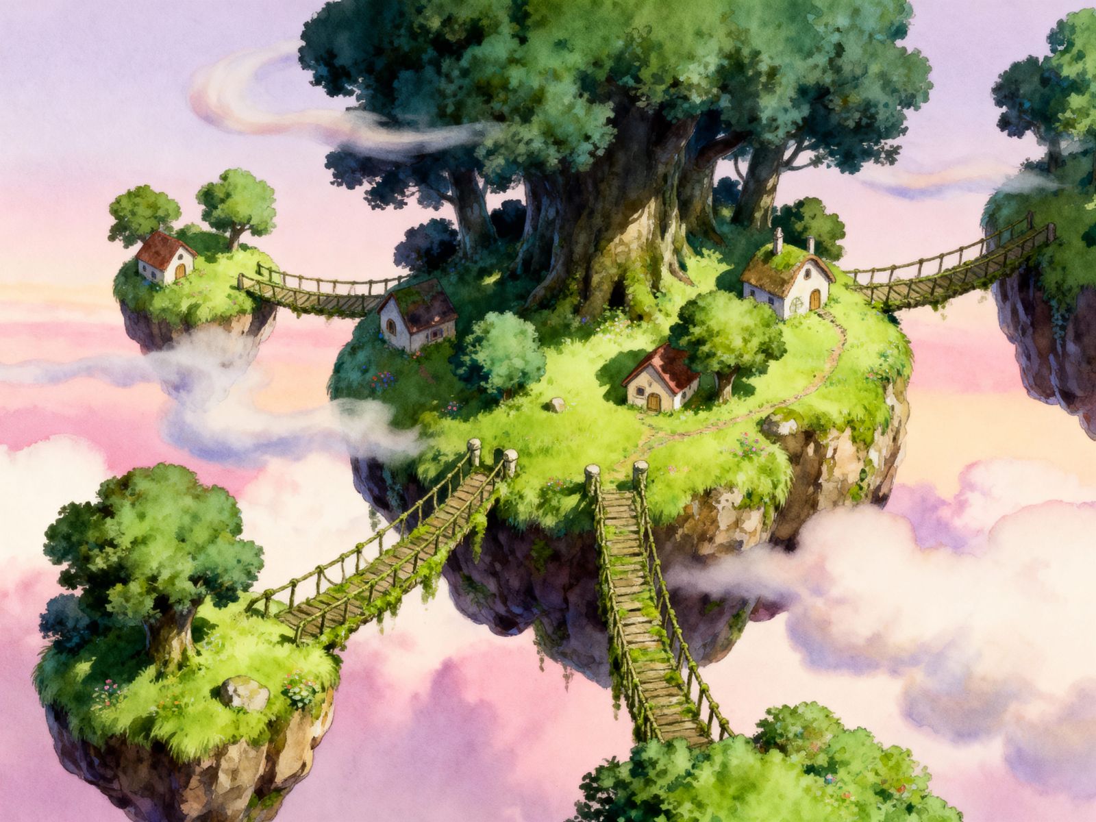 Floating Islands Connected by Rope Bridges in Watercolor