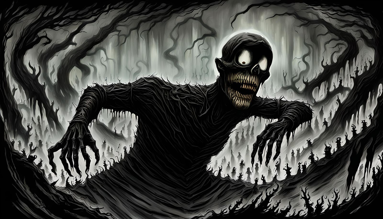 Haunting Ink Girl Screaming in Fog: Charcoal Drawing