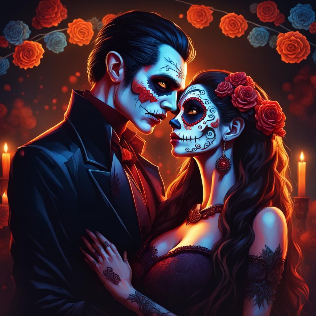 Vampire Couple Celebrate Dia de Los Muertos