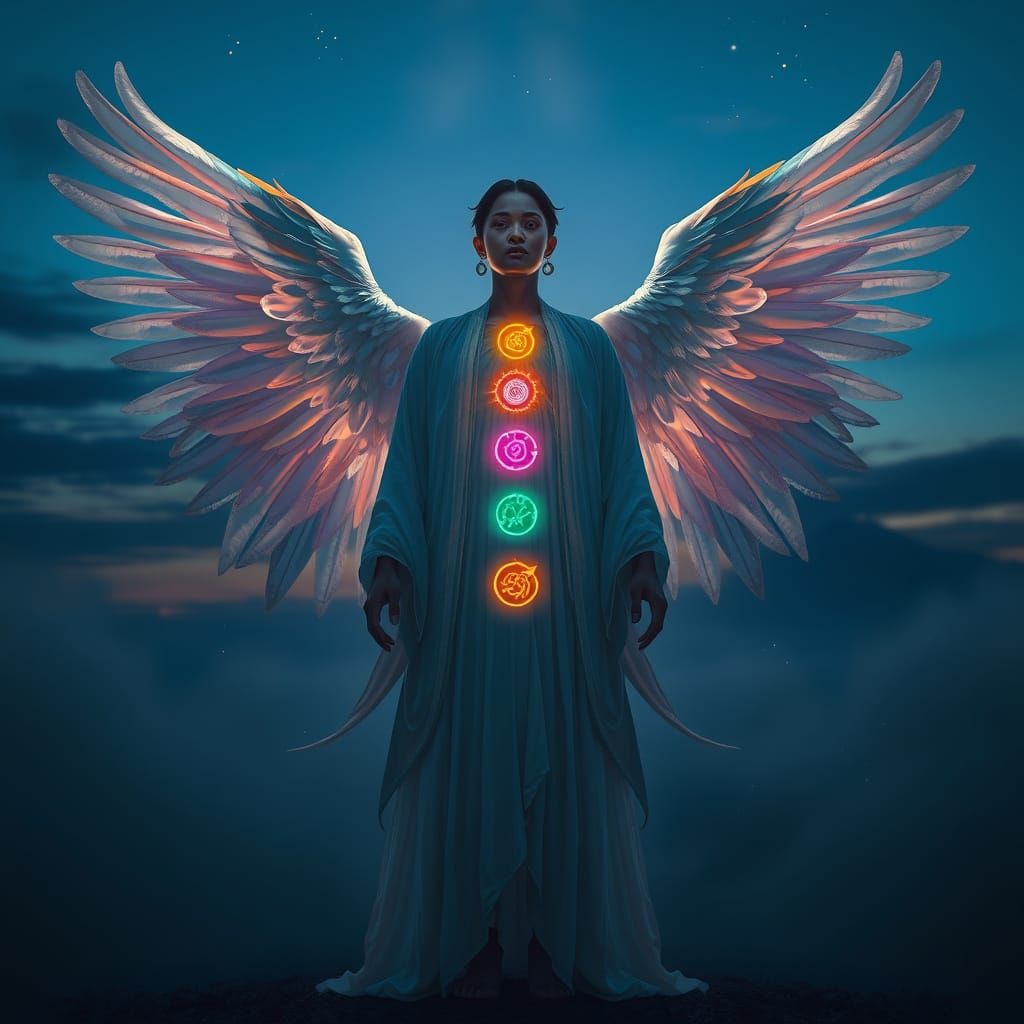 Winged Figure with Glowing Chakras in Twilight