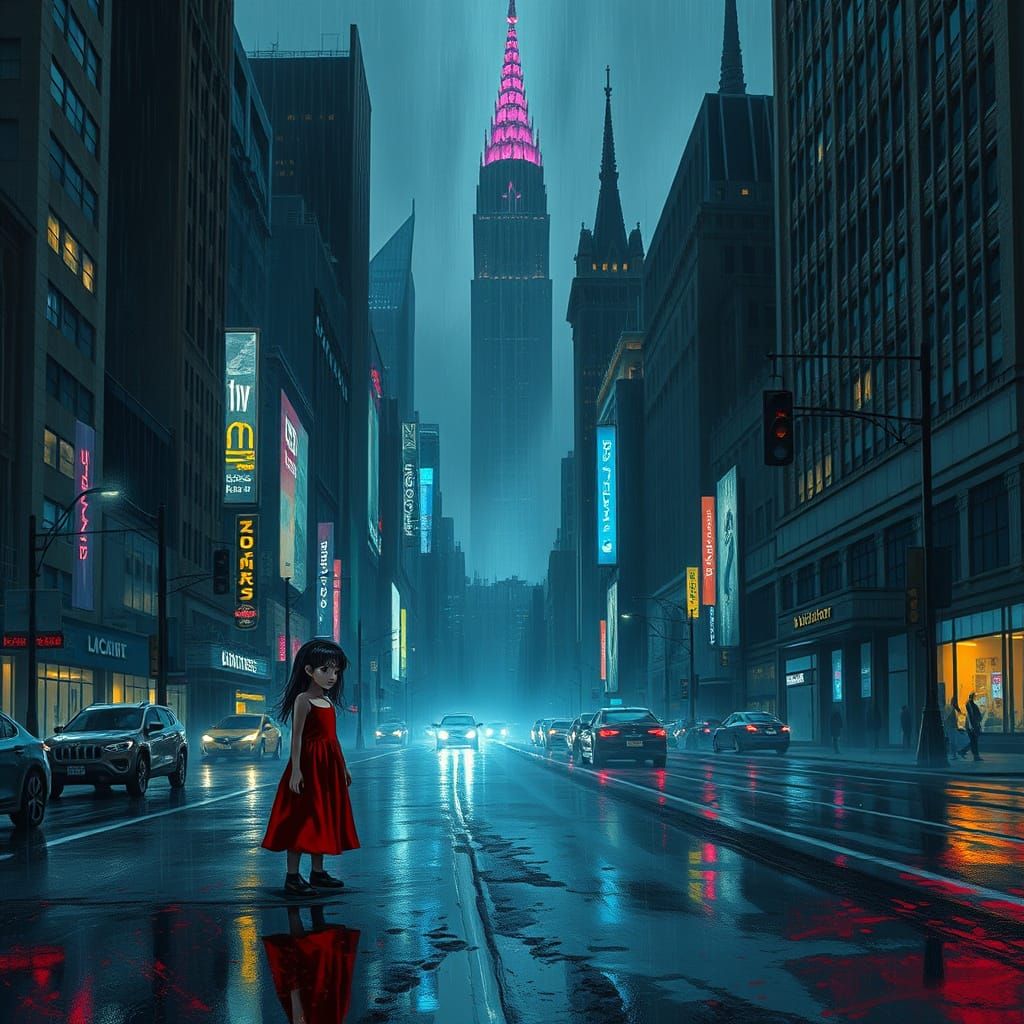 Cyberpunk Child in Crimson, Dystopian Cityscape