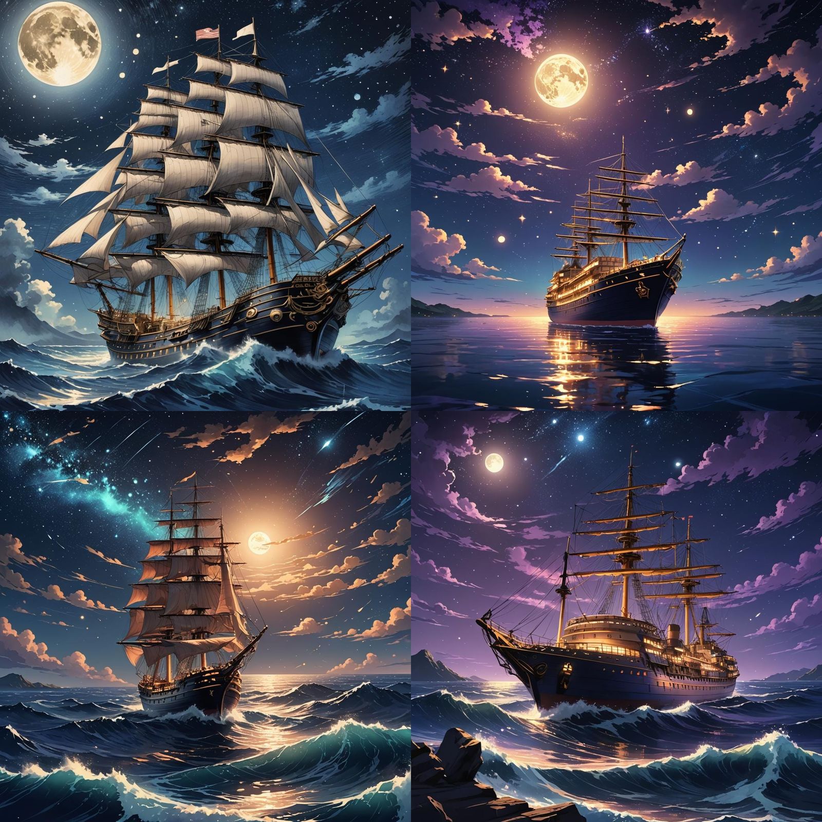 Ocean Ship Under Starry Sky: Anime Style