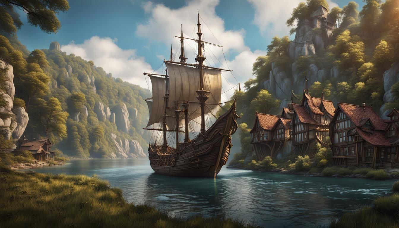 Medieval Ship Near Shore Fantasy Concept Art