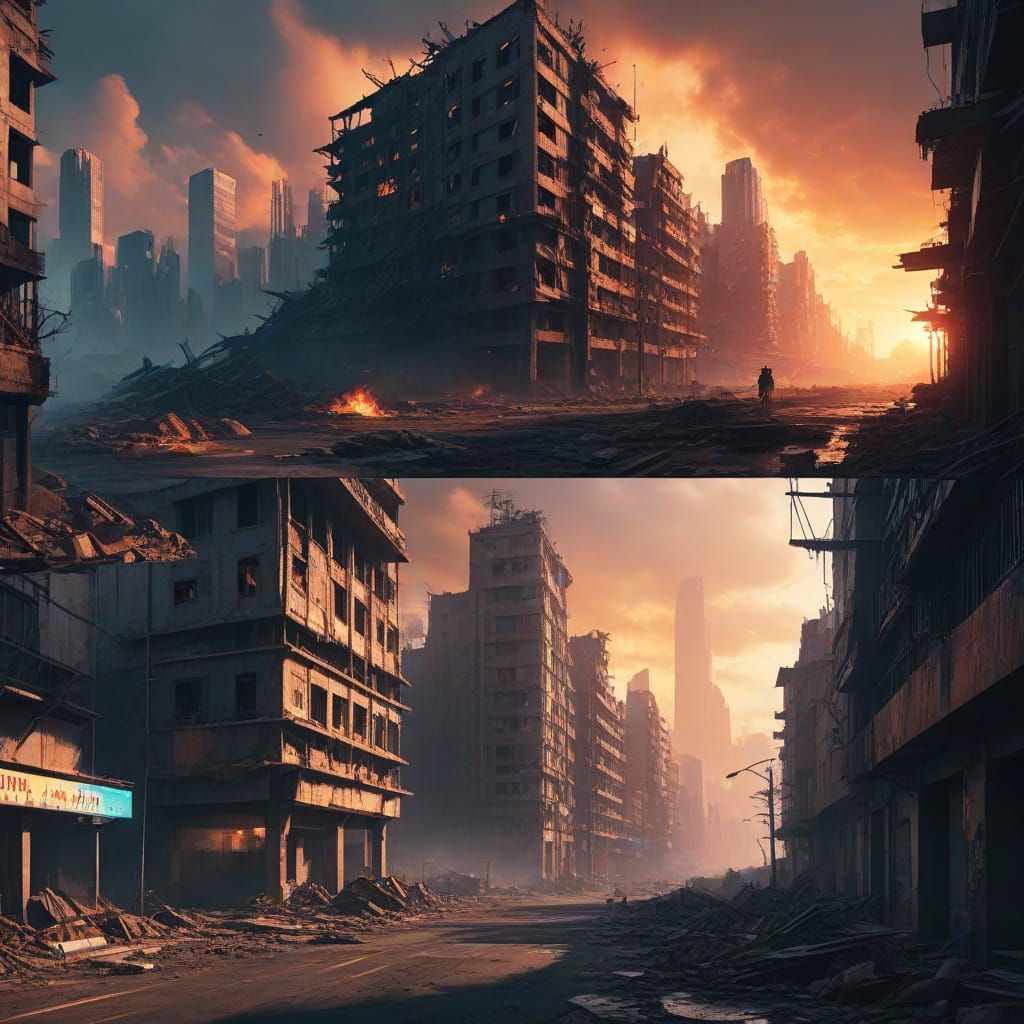 Dystopian Split-Screen: Thriving City vs. Ruin