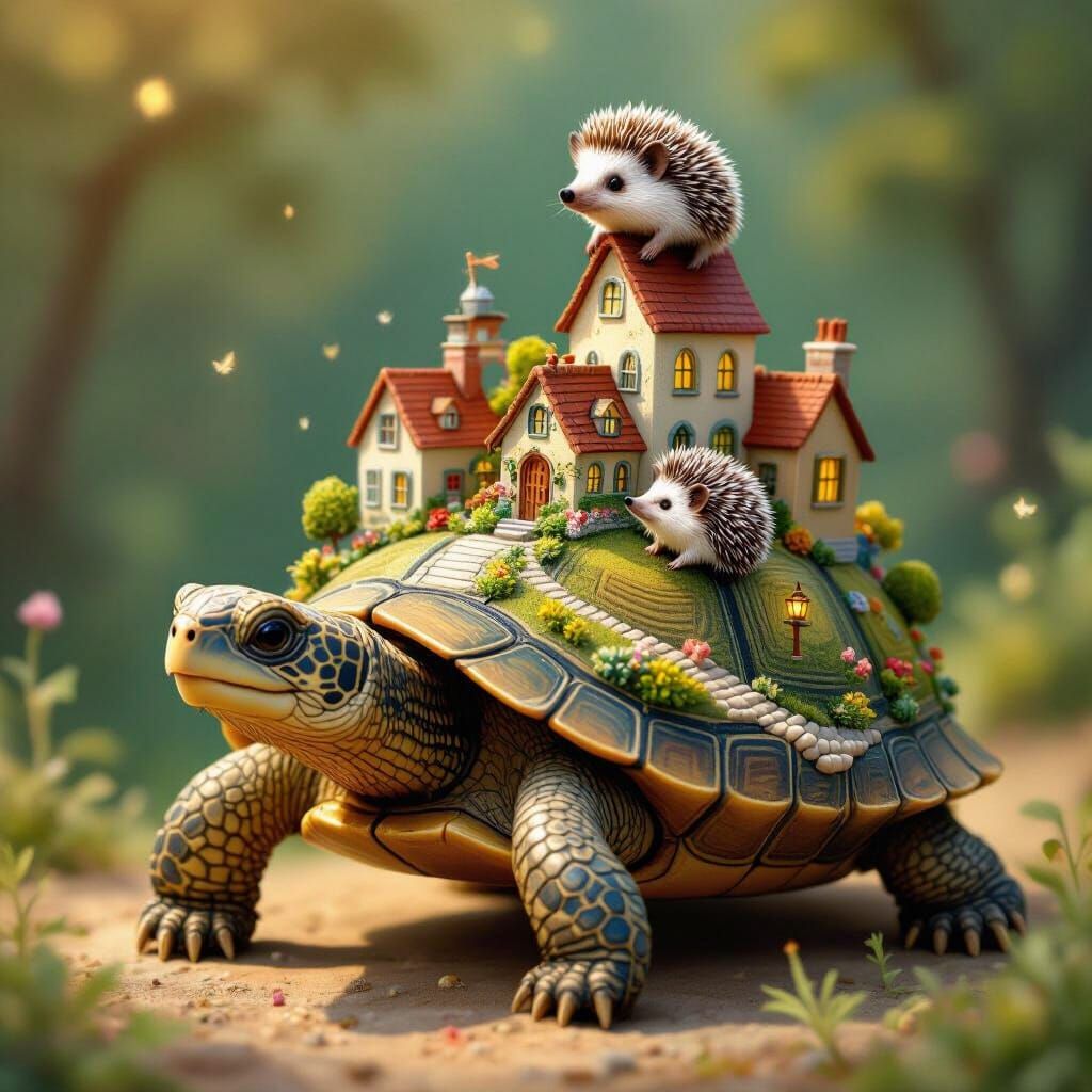 Whimsical Turtle Carrying Neighborhood With Hedgehog