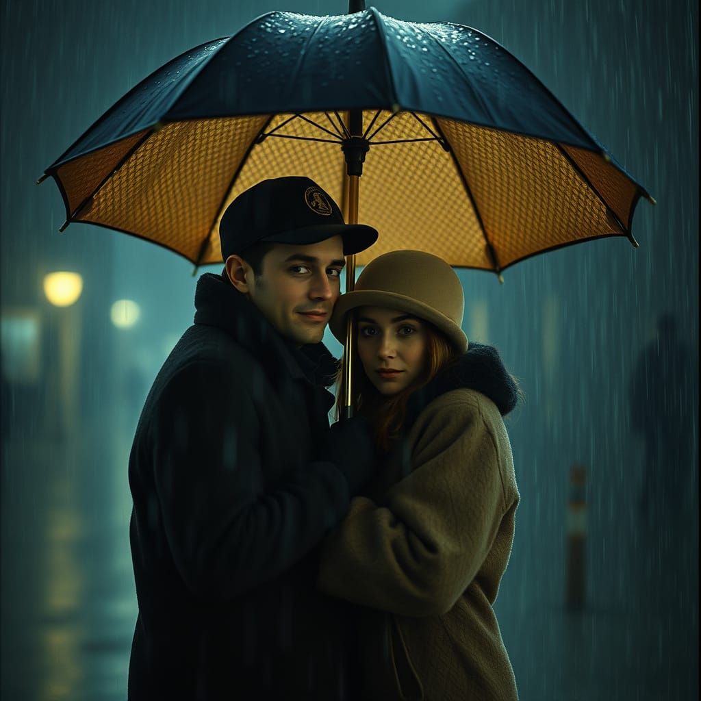 Romantic Couple in Rainy Cinematic Scene
