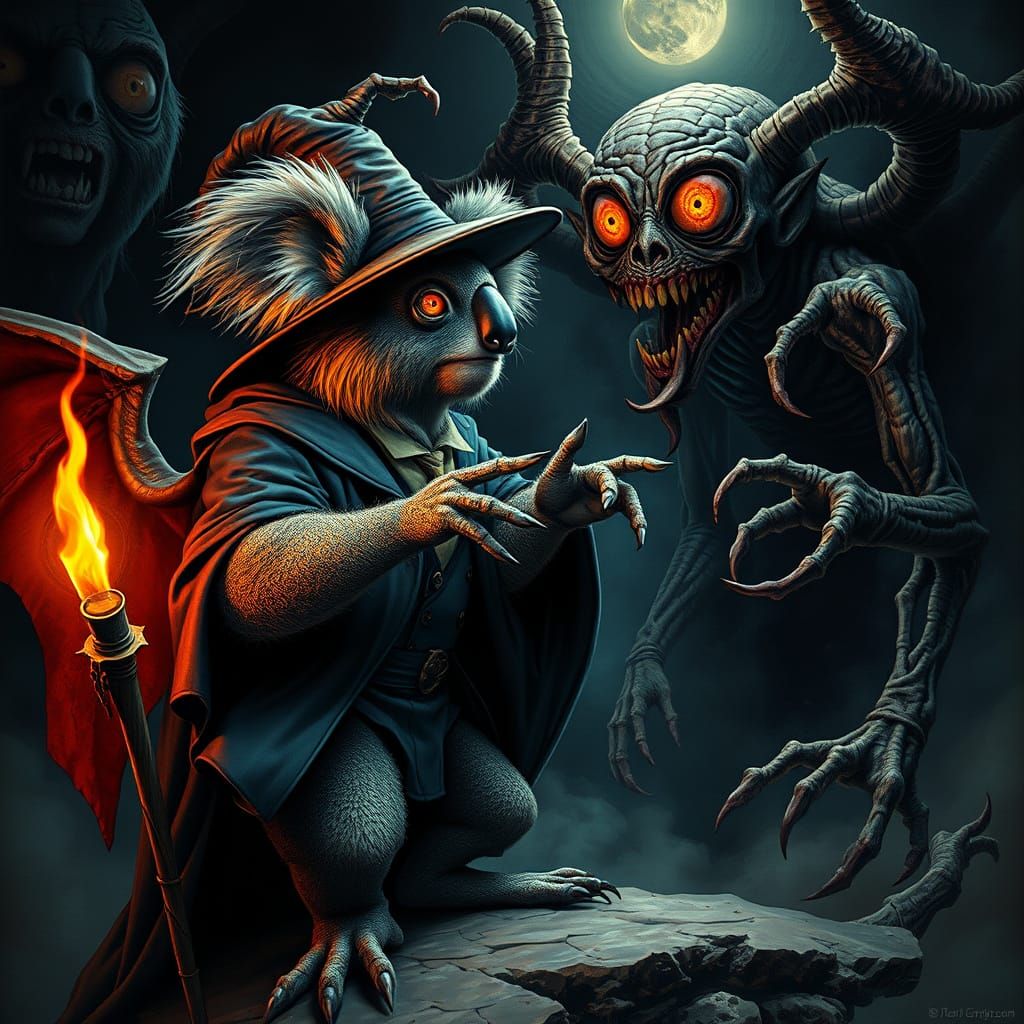 Koala Wizard Confronts Mutant Demon, Occult Art
