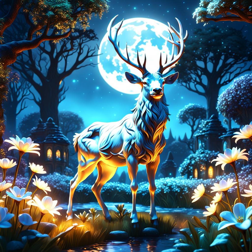 White Stag in Glowing Moonlit Garden
