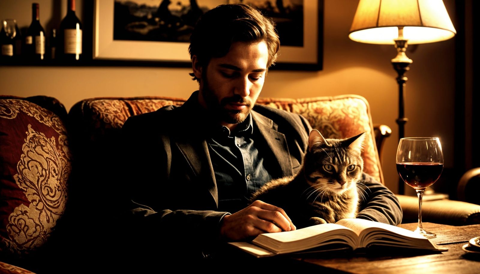 Man Reading with Cat and Wine: Dreamy Atmosphere