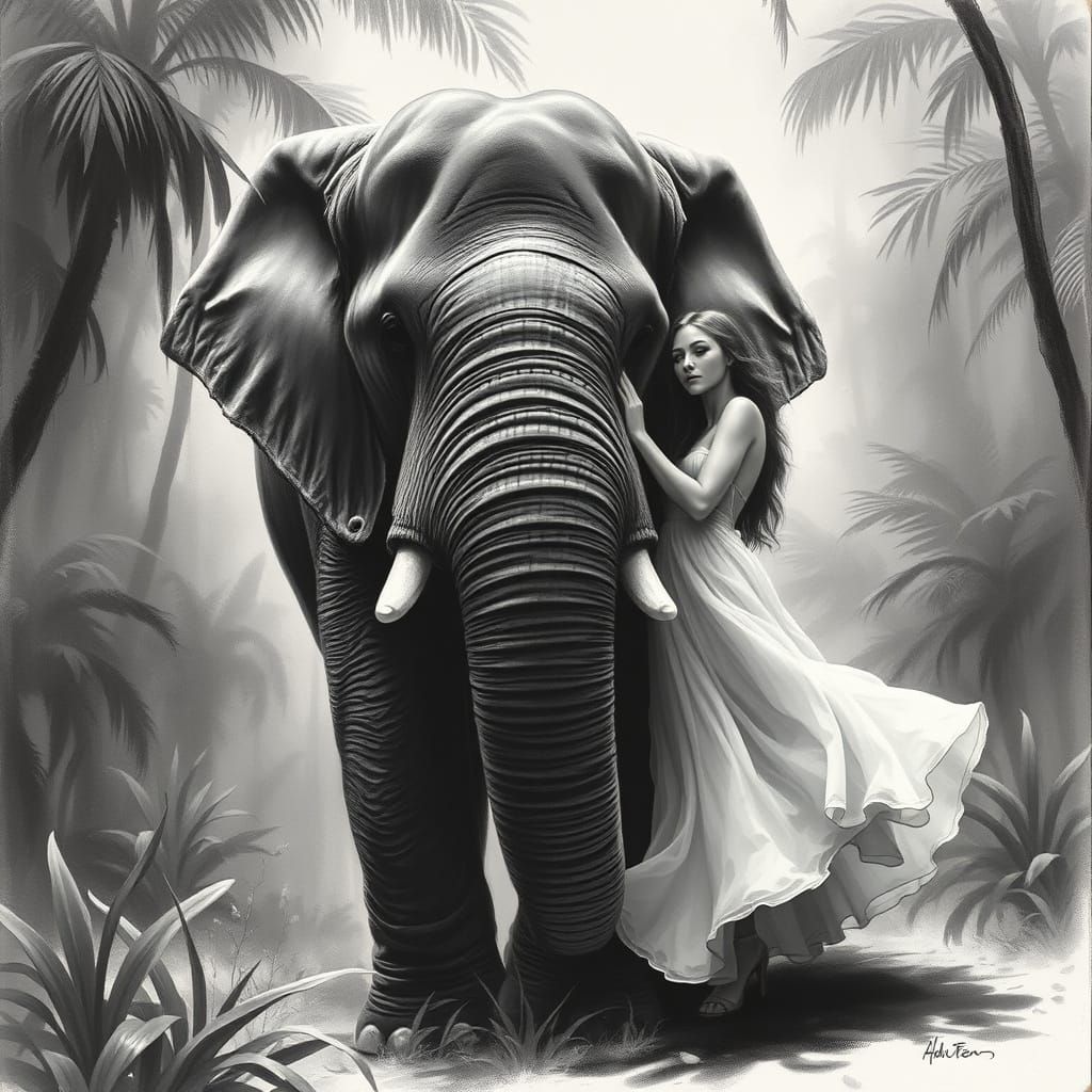 Woman and Elephant in Charcoal Drawing