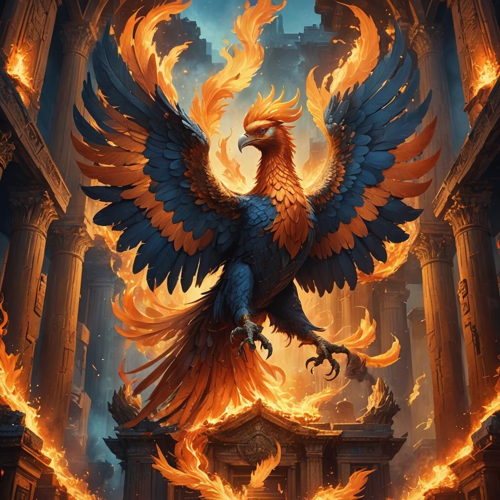 Phoenix Rising from Flames in Mystical Temple