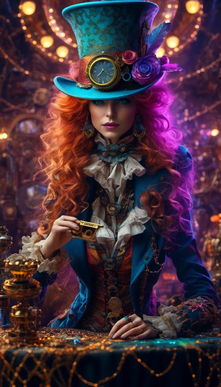 Neon Steampunk Mad Hatter in Hyperreal Detail