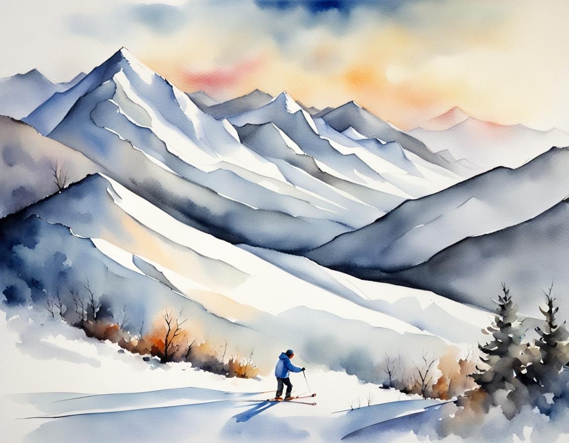 Dramatic Winter Landscape: Skier in Watercolor Painting