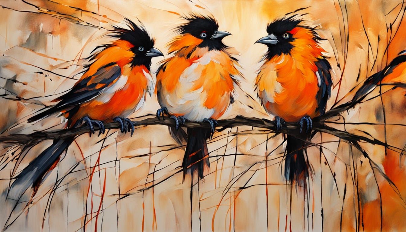 Expressionist Birds with Orange Feathers in Egon Schiele Sty...